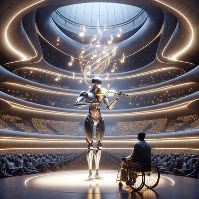 The primary subject of the image is a robotic violinist, which is a futuristic and unique scene. The robot is standing in a large, open, and illuminated space, possibly a concert hall or a futuristic auditorium. The setting is a combination of a stage and a large audience, with numerous people sitting and standing around the robotic violinist. The visual style of the image is digital art, which adds to the futuristic and imaginative atmosphere. The colors and mood of the